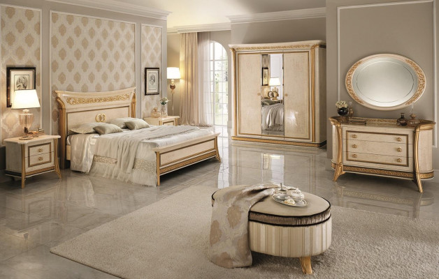 Schlofzëmmer Set Design Bett 2x Nuetsdësch Kommode Hocker Arredoclassic 7-stéck.
