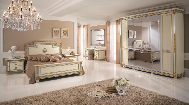 Schlofzimmer Set Design Modern Luxus Miwwelen Bett 2x Nuetsschaf 7 Deeler. Italien Nei