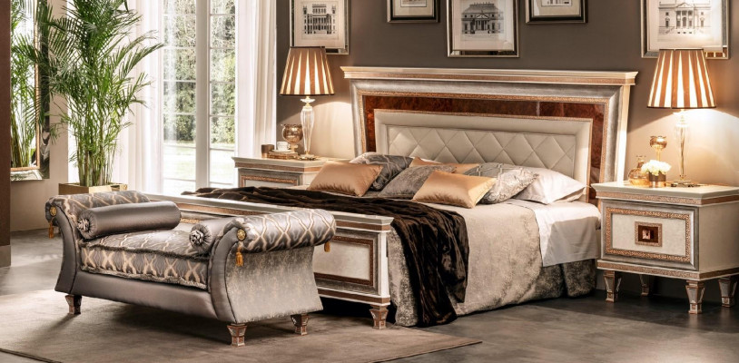 Luxus Schlofzëmmer Set 4tlg. Bett + 2x Nuetsdësch + Chaiselongue Design Leiesëtz