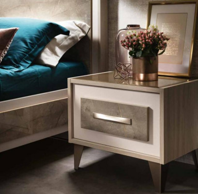 Bett Nuechtstësch 3-Teile Schlofzëmmer Set Luxus Modern Komplett Italienesch Miwwelen