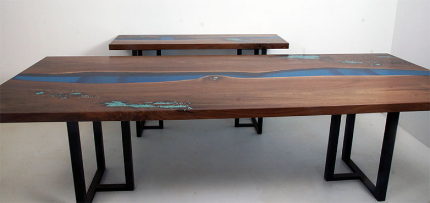 Iessdësch River Table Echt Holz Massiv Epoxidharz Dëscher 260x100 Nei