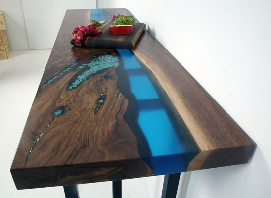 Iessdësch River Table Echt Holz Massiv Epoxidharz Dëscher 260x100 Nei