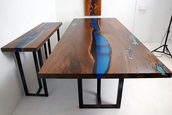 Iessdësch River Table Echt Holz Massiv Epoxidharz Dëscher 260x100 Nei