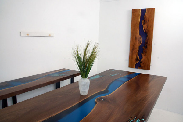 Iessdësch River Table Echt Holz Massiv Epoxidharz Dëscher 260x100 Nei