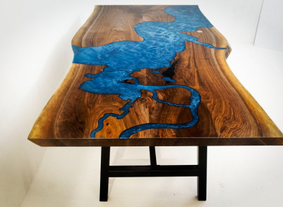 Waasserrfall Dësch Epoxidharz Iessen Dësch Eechte Holz Massiv Miwwelen Epoxy Dësch Neien