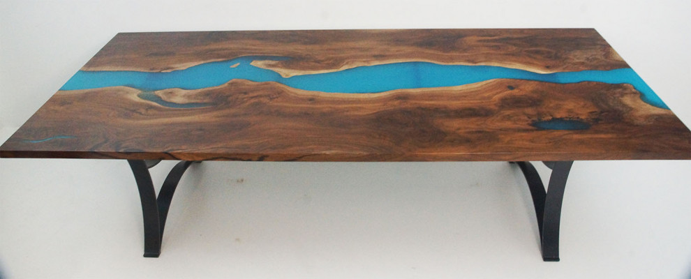 Iessdësch Dëscher Epoxy Harz echt Holz massiiv Miwwelen Epoxy Dësch Waasserfall nei