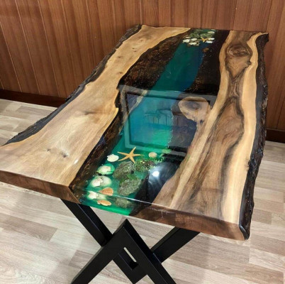 Dësch Iessdësch Dëscher Harz Epoxy massif Design Miwwelen 200x100 richtegt Holz Epoxid