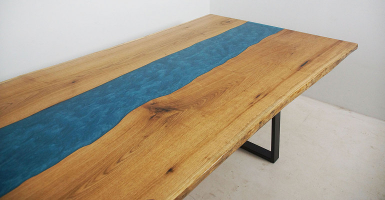 Iessdësch River Table Echta Holz Flossendësch Epoxyharz 260x100 Massiv