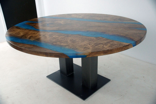 Ronne Iessdësch River Table Eechte Holz Flossdësch 150cm Dëscher Epoxyharz