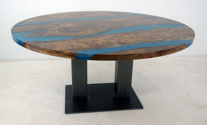 Ronne Iessdësch River Table Eechte Holz Flossdësch 150cm Dëscher Epoxyharz