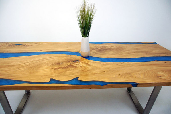 Dëscht Iessdësch Design Dësch Modern Mier Floss Miwwelen 220x90 Epoxidharz Ozean