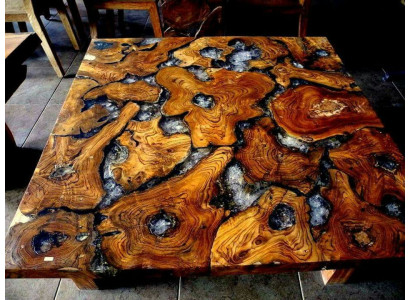 Epoxidharz-Iessdësch aus echtem massivt Holz, Miwwel Waasserfall Epoxy Dësch 100x100