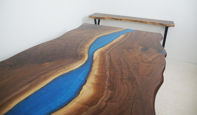 Iessdësch River Table Eech Holz Flosstësch 220x100 Massiv Dëscher Epoxyharz