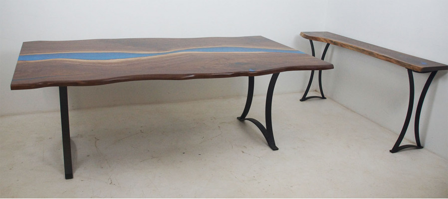 Iessdësch River Table Eech Holz Flosstësch 220x100 Massiv Dëscher Epoxyharz