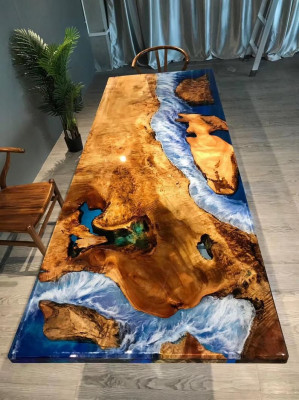 Iessdësch Design Dësch Harz Modern Dëscher Mier Floss Miwwelen 220x90 Epoxy Ozean