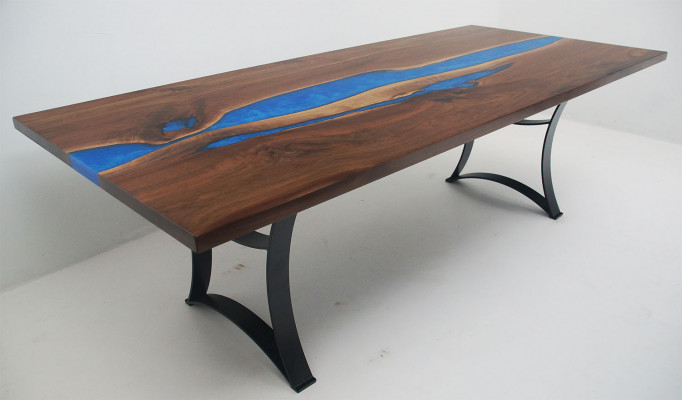 Iessdësch Blot Rivéier Dësch Eechte Holz 220x90 Dëscher Epoxidarësin Nei