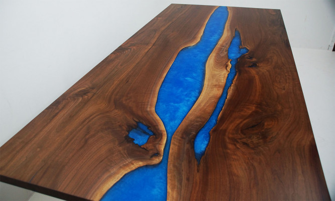 Iessdësch Blot Rivéier Dësch Eechte Holz 220x90 Dëscher Epoxidarësin Nei