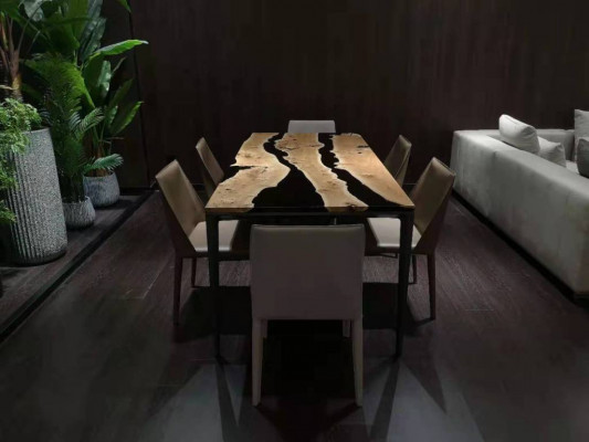 Couchtisch Black River Table Eechte Holz Flossdësch 220x90 Dëscher Epoxidharz Nei
