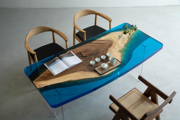 Iessdësch Blue River Table Echt Holz 200x90 Dëscher Epoxidharz Nei