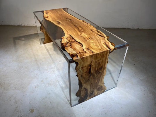 Couchtisch Eechte Holz Flossdësch Massiv Epoxidharz Dëscher Couchtischen 120x60