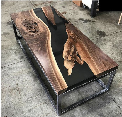 Floss Dësch Epoxidharz Couchtisch Eechte Holz Massiv Dëscher 120x60