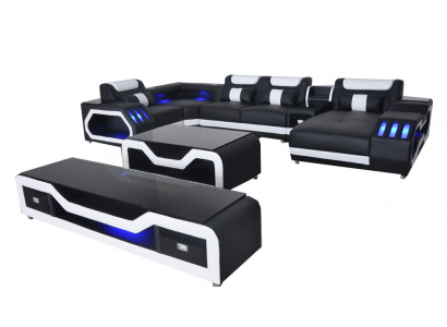 Lieder Sofa Eck Garnitur Design Sofa Wunnlandschaft + Canapé Dësch + RTV G8046