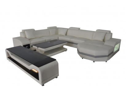 Lädersofa Couch Polster Eck Sëtz Garnitur Wunnlandschaft U-Form Dësch RTV Nei