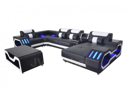 Liederbecken Couch Polster Eck Garnitur Modern Wunnlandschaft Dësch + USB + LED