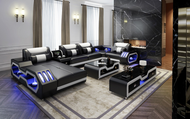 XXL Wunnlandschaft Sofa Canapé Polster Ecke Garnitur Couchen Sofasen + USB + Liicht