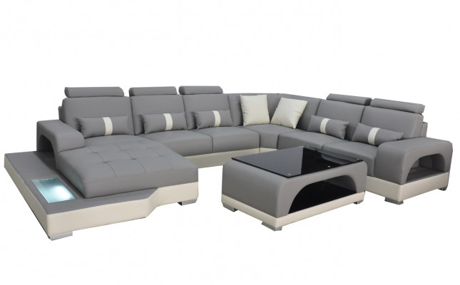 Lieder Sofa Modern Couch Design Wunnlandschaft + Dësch Eck Couchen Sëtz mat USB