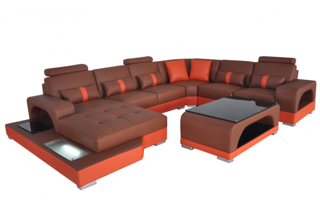 Lieder Sofa Modern Couch Design Wunnlandschaft + Dësch Eck Couchen Sëtz mat USB