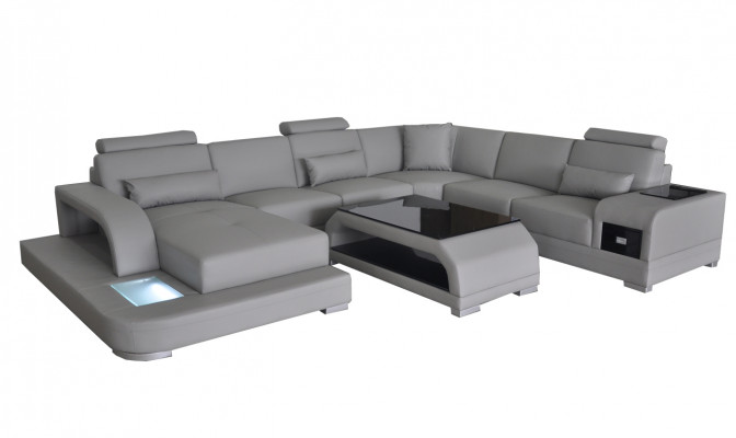 Ledercouch Wohnlandschaft Ecksëtz Eck Sëtzgruppe Sofa Couch + USB + Dësch