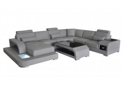 Ledercouch Wohnlandschaft Ecksëtz Eck Sëtzgruppe Sofa Couch + USB + Dësch