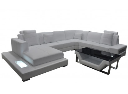 Ledersofa Ecksofa Wunnlandschaft Couch Polster Ecksuite Sëtzgemeng + Dësch + USB