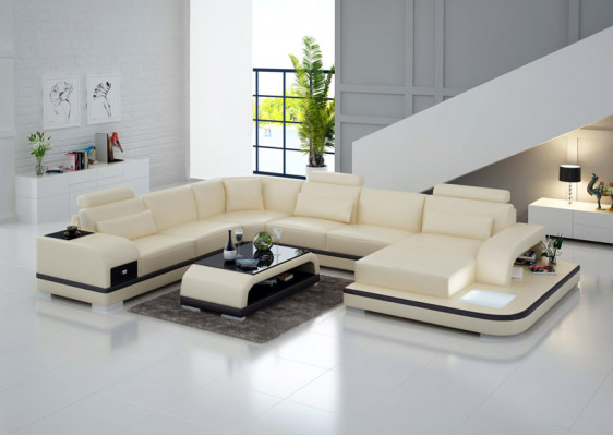 Ledersofa Wunnlandschaft Garnitur Design Modern Ecksofa Sofa U-Form G8013+Dësch