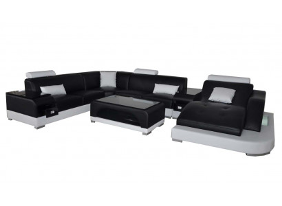 Lieder Sofa mat USB Modern Sëtz Couch Polster Design Eck Couchen + Dësch + Luuchten