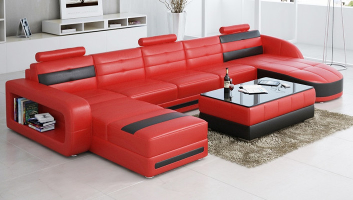 Ledersofa mat USB Ecksofa Designer Wunnlandschaft Sofa Canapé Sëtz U Form