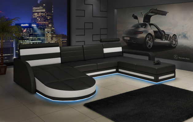 XXL WUNNLANDSCHAFT CANAPÉ GARNITUR DESIGN ECKCANAPÉ Schwaarz LEDERSOFA mat USB Nei