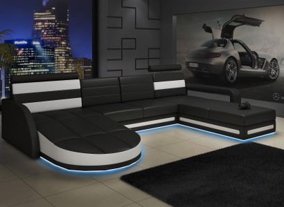 XXL WUNNLANDSCHAFT CANAPÉ GARNITUR DESIGN ECKCANAPÉ Schwaarz LEDERSOFA mat USB Nei