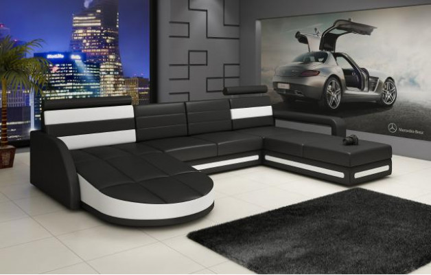 Ecksofa Canapé mat USB, Polster U-Form Wunnlandschaft Ecksofa XXL Schwaarz Nei