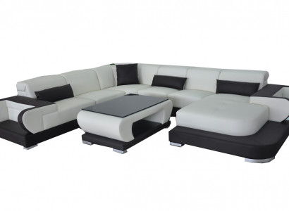 Canapé Ecksofa mat USB Lieder Wunnlandschaft Garnitur Design Modern Sofa + Dësch