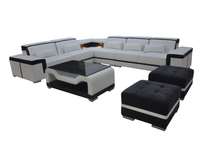 Lieder Sofa mat USB Polster Eck Couche Garnitur Wunnlandschaft Dësch Hocker