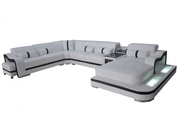 Lieder Kanapé Fauteuil Sëtz Design Eck Garnitur Sofa Wunnlandschaft + Luucht + USB