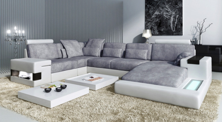 XXL Eckcouch Wunnlandschaft U-Form Ledercouch Sofa Polstersofa Textil Lieder USB