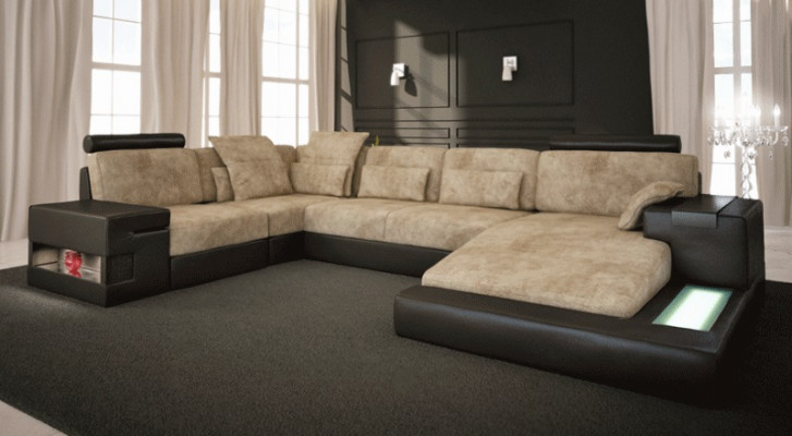XXL Eckcouch Wunnlandschaft U-Form Ledercouch Sofa Polstersofa Textil Lieder USB