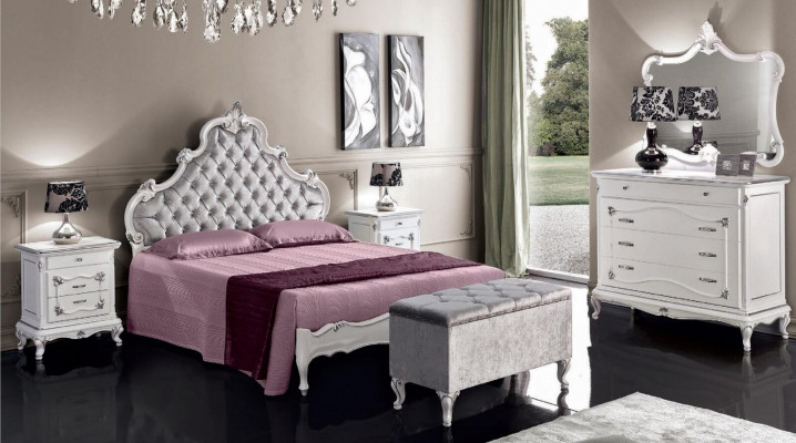 Klassesch Miwwelen 6tlg Schlofzëmmer-Set Bett 2x Nuetsdëscher Hocker Kommode Spigel