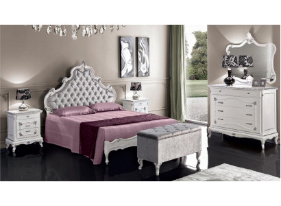 Klassesch Miwwelen 6tlg Schlofzëmmer-Set Bett 2x Nuetsdëscher Hocker Kommode Spigel