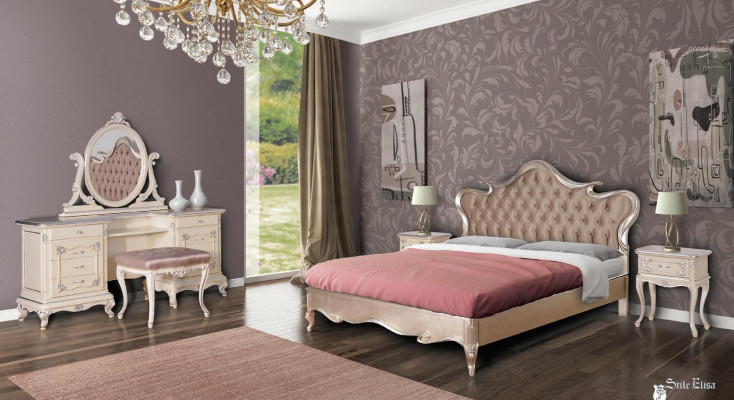 Luxus Schlofzëmmer Set Bett Nuetsdëscher Hocker Make-up Dësch Spigel Komplett Nei