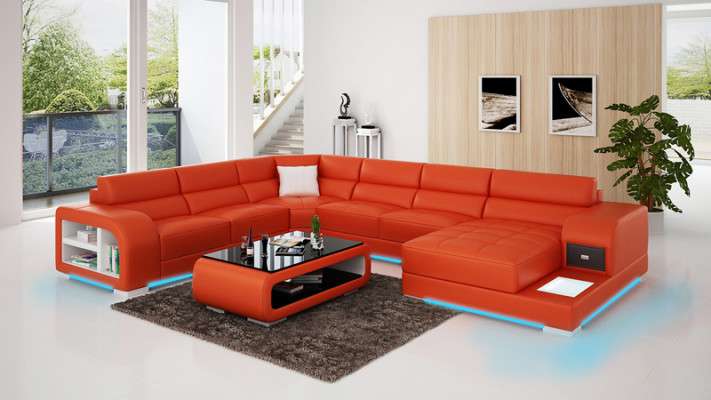 Modern Ledersofa Couch Design Wohnlandschaft Ecksofa Eck Garnitur Sofa Luucht USB