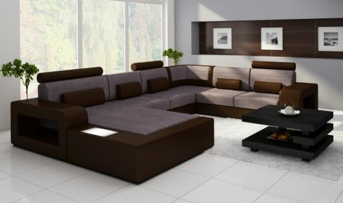 Sofa Sofagarnitur Stoff Textil Lieder Sofa mat Beliichtung Wunnlandschaft Couch !